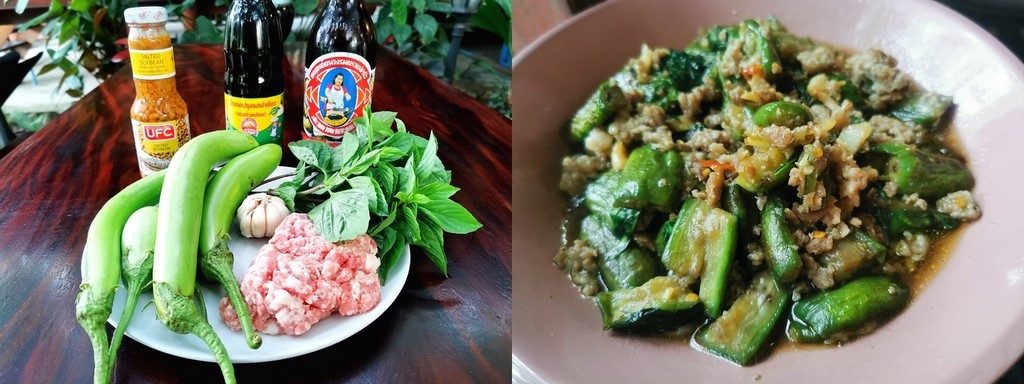 Pad makrua yao moo sap, aubergines sautéée au porc